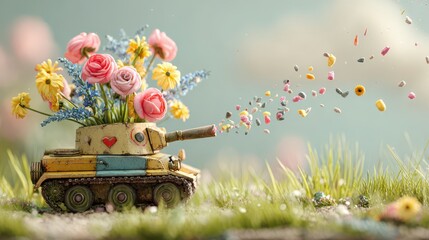 Peaceful toy tank releasing a bouquet of flowers in a soft, pastel setting