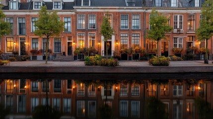 Elegant Dutch canal house with tall brick fa??A section ade symmetrical windows and flower boxes overlooking calm waterfront reflections