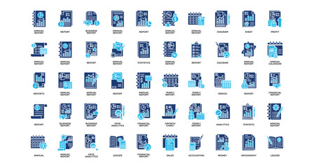 Anuual Report icon set collection. Containing economics, notes, sales, statistics, value, arrows, profit .Solid vector icons collection