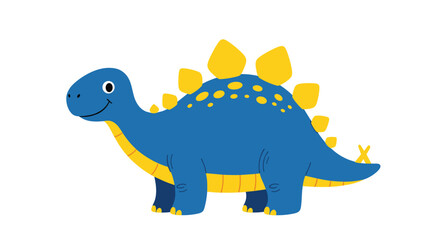 Obraz premium A cute blue cartoon stegosaurus with yellow plates and spots smiles happily on a white background.