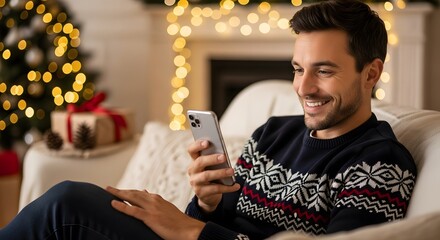 Happy man in a festive sweater looking at a mobile phone in a cozy living room decorated for Christmas holiday. Evening at home.