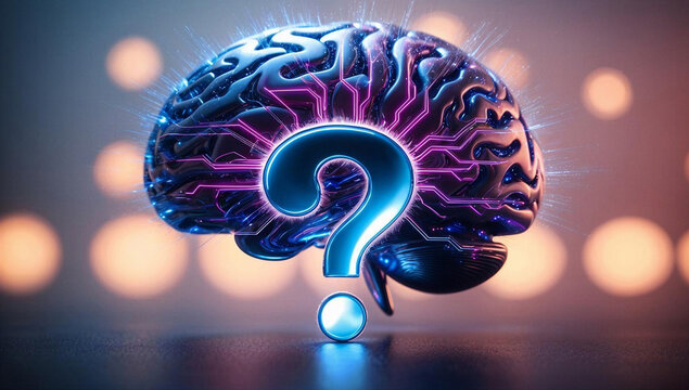 Digital glowing blue purple ai brain concept showcasing problem solving with a silver question mark in the foreground