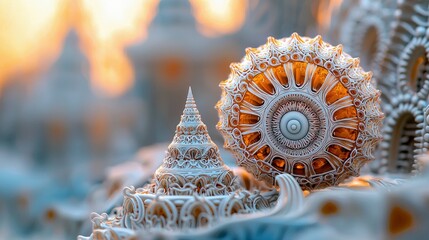 Close-up of intricate, white fractal-like architectural elements with a golden, glowing center, set against a soft, blurred background of warm sunset light.