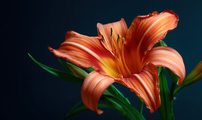 Orange daylily flower blooming against dark background