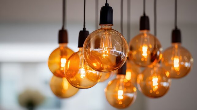 Photograph of a cluster of glowing light bulbs in a modern workspace, symbolizing creative ideas