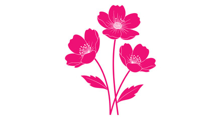 Fototapeta premium Three vibrant pink stylized flowers with delicate white stamens and subtle leaves, presented as a graceful graphic on a pure white background.