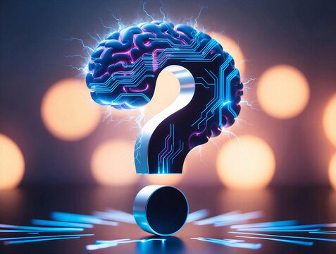 AI brain in the form of question mark glowing with blue and purple circuits, questioning its own purpose, programming problem solving