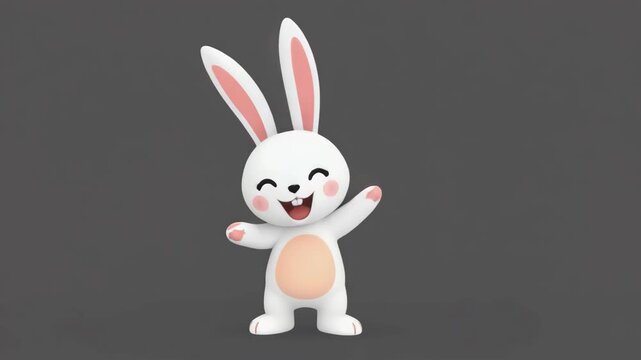 Cute white 3D cartoon rabbit waving hand and smiling on grey background