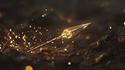 A striking close-up of a shimmering arrowhead emanating golden sparks.