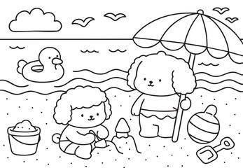 Coloring book Fluffy Dog Beach Day Art Hand Draw