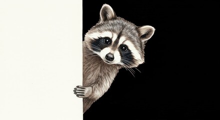 Fototapeta na wymiar Raccoon peeking behind white panel