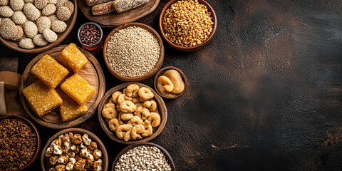 Traditional Indian Lohri festival flat lay showcasing roasted popcorn, sesame seeds, and jaggery coated delicacies, representing the auspicious winter harvest celebration and cultural offerings
