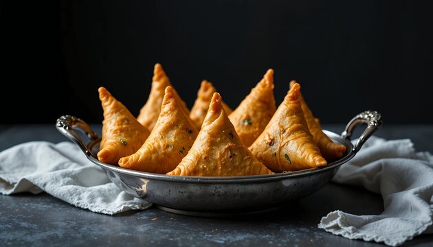 Golden crispy triangular savory pastries arranged neatly on a silver platter with cloth underneath