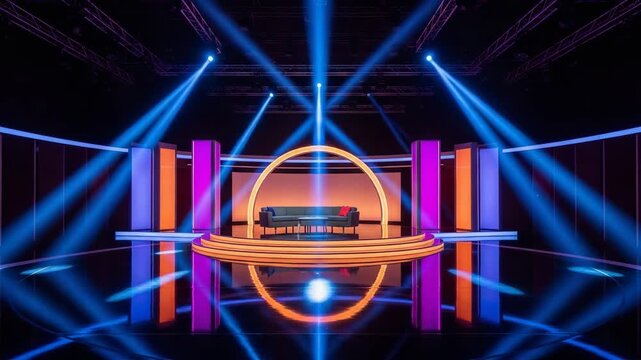 Modern television studio set with circular arch sofa stage and dramatic blue purple orange