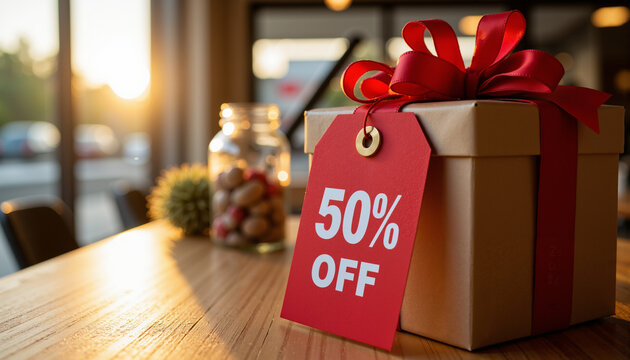 Gift box with red discount tag displaying 50% off on wooden table  