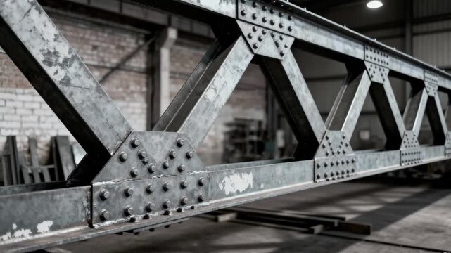 Medium shot of a pitched steel truss showcasing intricate triangular patterns and joint connections for robust roof support in industrial construction settings.
