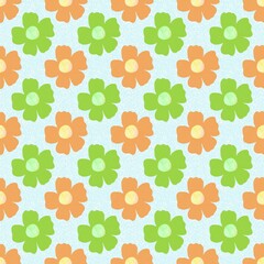 Seamless Retro Floral Pattern with Orange and Green Flowers on Light Blue Background