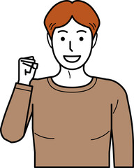 正面向き。ガッツポーズをするTシャツの若い男性。