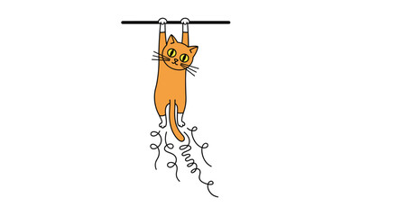 Funny cartoon orange cat hanging on to a bar with a determined expression in a simple doodle style on a white background.