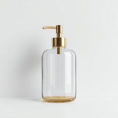 Fototapeta premium Elegant glass soap dispenser with a golden pump for stylish bathroom decor.