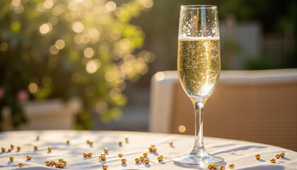Champagne glass close-up on table with confetti scattered in modern style