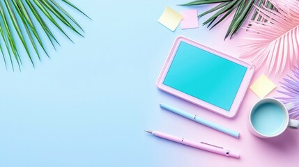 A flat lay composition featuring a tablet, two pens, a coffee mug, sticky notes, and tropical leaves on a pastel blue and pink background.