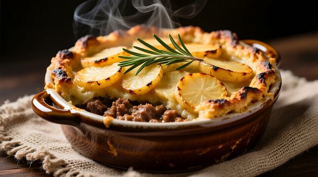 close up of freshly baked shepherds pie with roasted potato slices and rosemary garnish emitting