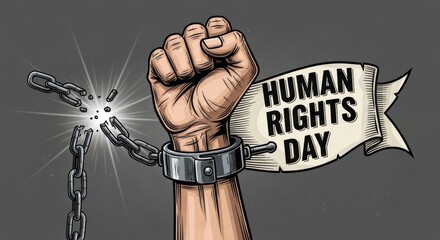 Powerful illustration of a raised fist breaking chains for Human Rights Day on December 10, symbolizing freedom, equality, and justice. Ideal for awareness campaigns and educational projects.