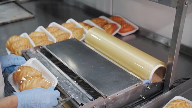 Worker Sealing Freshly Baked Pirozhki Packages in Factory. Bakery production.
