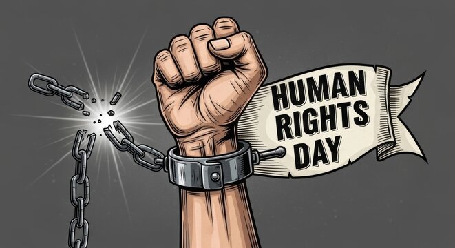 Powerful illustration of a raised fist breaking chains for Human Rights Day on December 10, symbolizing freedom, equality, and justice. Ideal for awareness campaigns and educational projects