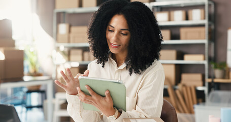 African woman, tablet and startup ecommerce with inventory report, online order and delivery....