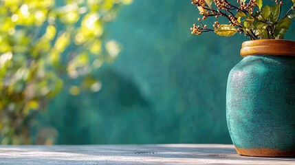 A teal ceramic vase holding dried branches sits on a textured wooden surface. The background is a soft, blurred green with dappled sunlight.