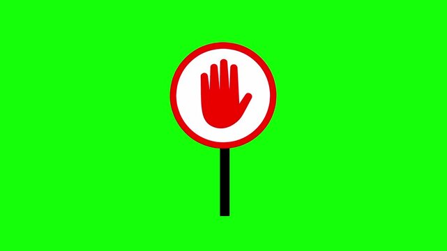 Animation of a stop sign with a hand and a circle on a green background. Traffic signs are used to inform drivers and ensure safety and order on operational highways.