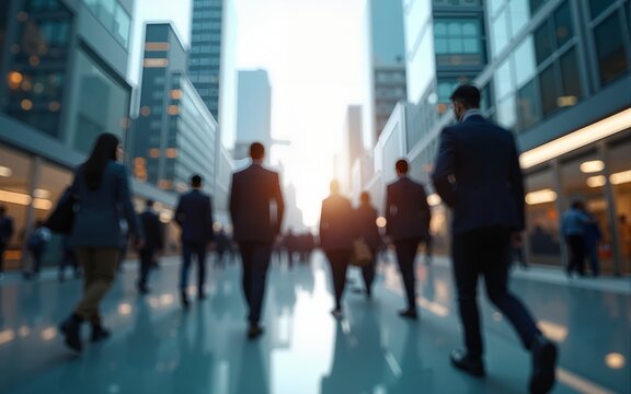 abstract motion blur image of business people crowd walking at corporate office in city downtown, blurred background, business center concept, Cinematic color tone, Generative AI. High quality