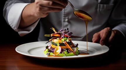 Chef Drizzling Sauce on Gourmet Vegetable Dish Presentation
