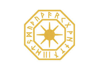 Fototapeta premium Golden pagan sun symbol with elder futhark runes