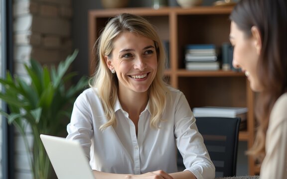 Smiling young business woman listening her partner on coworking space. High quality
