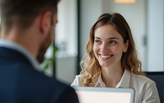 Smiling young business woman listening her partner on coworking space. High quality