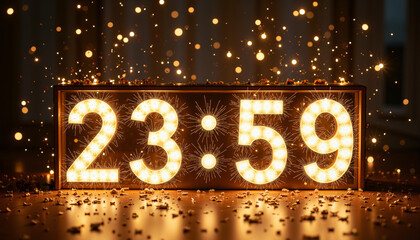 Countdown clock display 23:59 surrounded by fireworks and confetti in modern style  