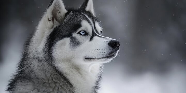 Siberian Husky with Striking Blue Eyes Gazing Sideways, Showcasing Natural Beauty and Essence