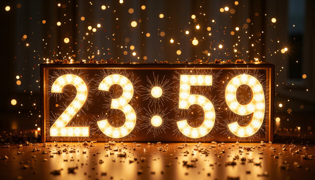 Countdown clock display 23:59 surrounded by fireworks and confetti in modern style  