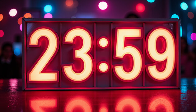 Countdown clock display 23:59 with neon numbers above party stage  
