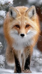 Obraz premium Elegant Red Fox Gracefully Roaming Through a Picturesque Snowy Landscape, Winter Beauty Captured