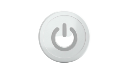 A white, circular button with a grey power symbol, set against a black background