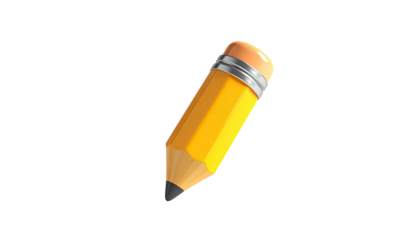 A 3D rendered yellow pencil with a silver ferrule and pink eraser floating