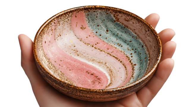 Hand holding colorful ceramic bowl, isolated on transparent background