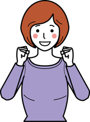 正面向き。ガッツポーズをするカットソーの若い女性。