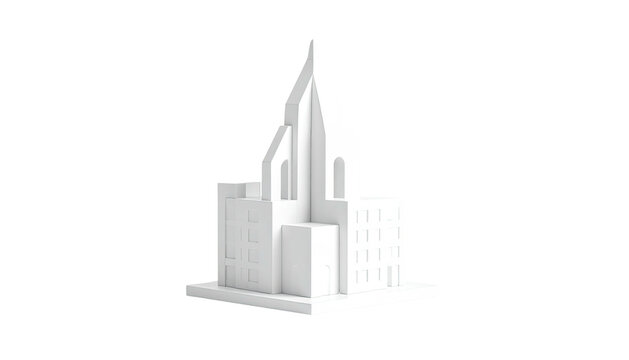 A white, 3D rendering of a building with an ornate steeple against black