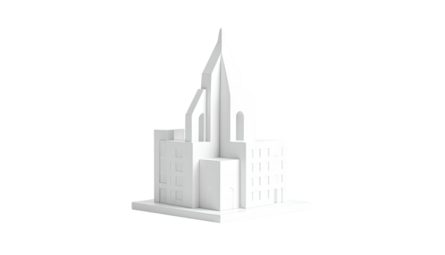 A white, 3D rendering of a building with an ornate steeple against black