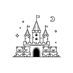Naklejka premium Cute teddy bears at fairytale castle coloring page for kids and children activity book illustration art